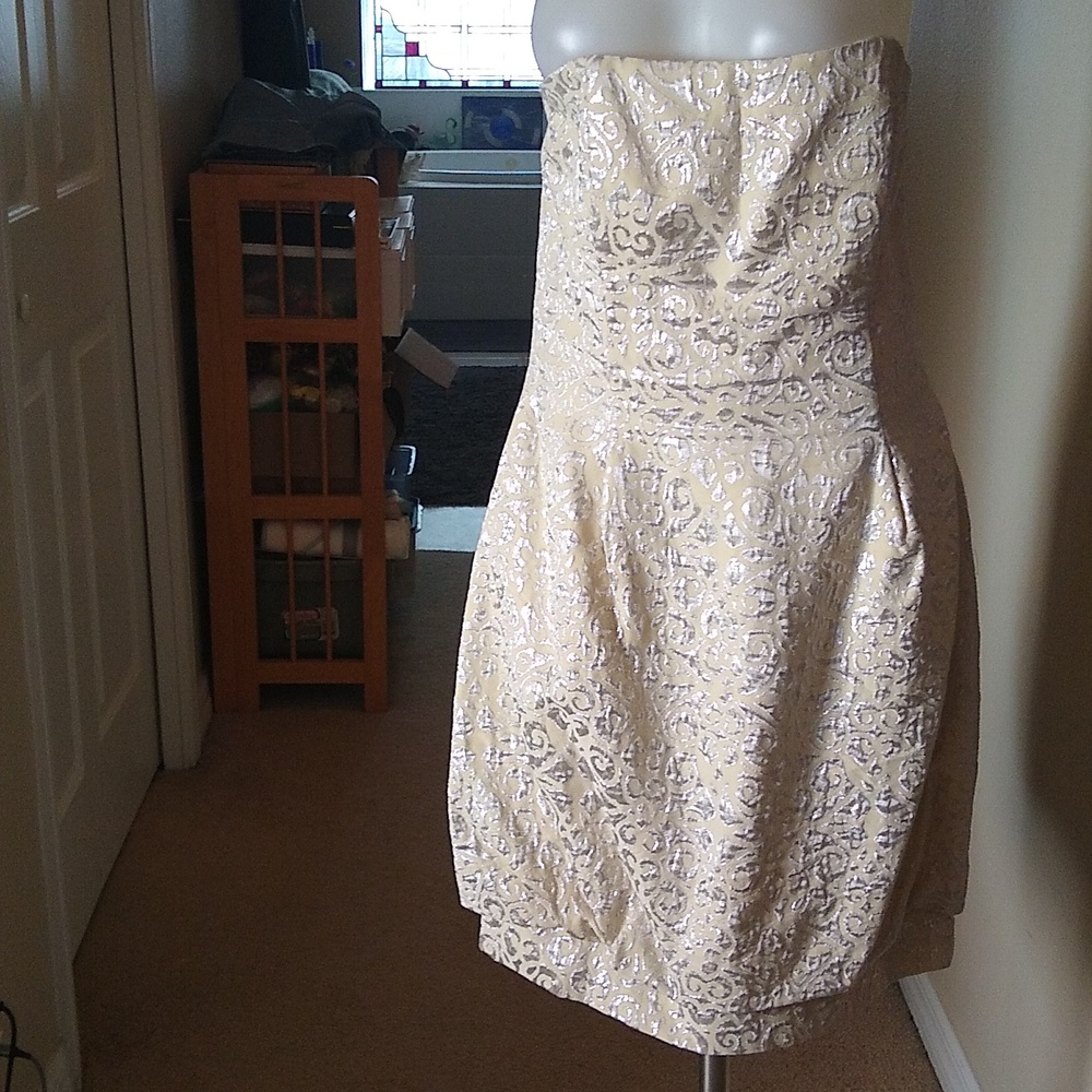 Jessica McClintock cream silver  print strapless boned bubble/ tiered dress 10